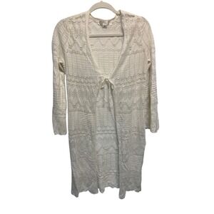 White Lace Knit Open Front Tie Cardigan Sweater Kimono M Fairy Boho festival